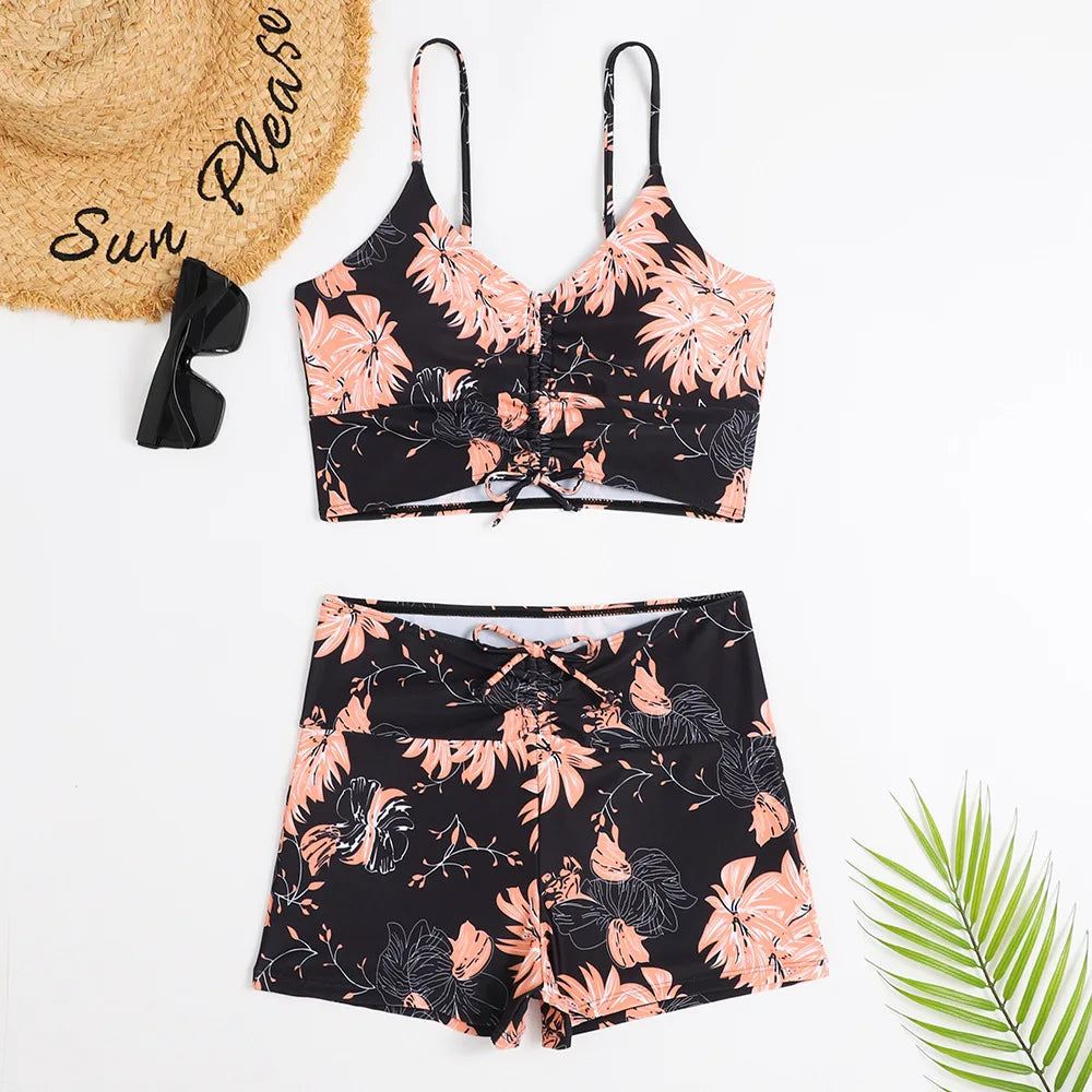 High Waist Bikini Swimsuit Women 2024 Floral Print Swim Suits Drawstring Front Shorts Boxers Swimwear Trunks Pool Bathing Suit