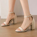 Beige Suede Ankle Strap Block Heel Sandals for Women, Round Open Toe with Rhinestone Accent, Multiple Colors Available
