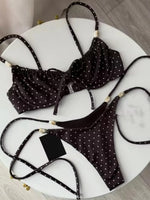 Sexy Black Polka Dot Print Bikini Set Women Pleate Push Up Underwire Bra Beaded String Thong Swimsuit 2026 Bathing Suit Swimwear