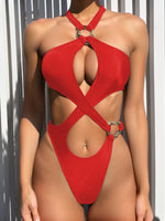 Shiny Blue Snakeskin Print One Piece Swimsuit Women 2026 Sexy Hollow Out Backless Metal Cross Bathing Suit Swimwear Monokini