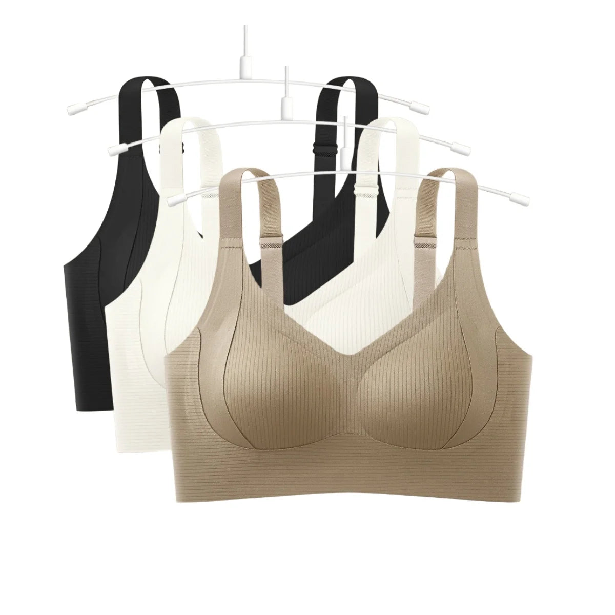 3Pcs/Set Women Seamless V-Neck Bra Plus Size Support Ribbed Bras Sexy Lingerie Detachable Bust Pads Comfort Intimates M-4XL