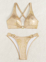 Golden Sparkling Halter Rings Bikini Female Swimsuit Women Swimwear Two-pieces Bikini Set Brazilian Bathing Suit Swim Beachwear