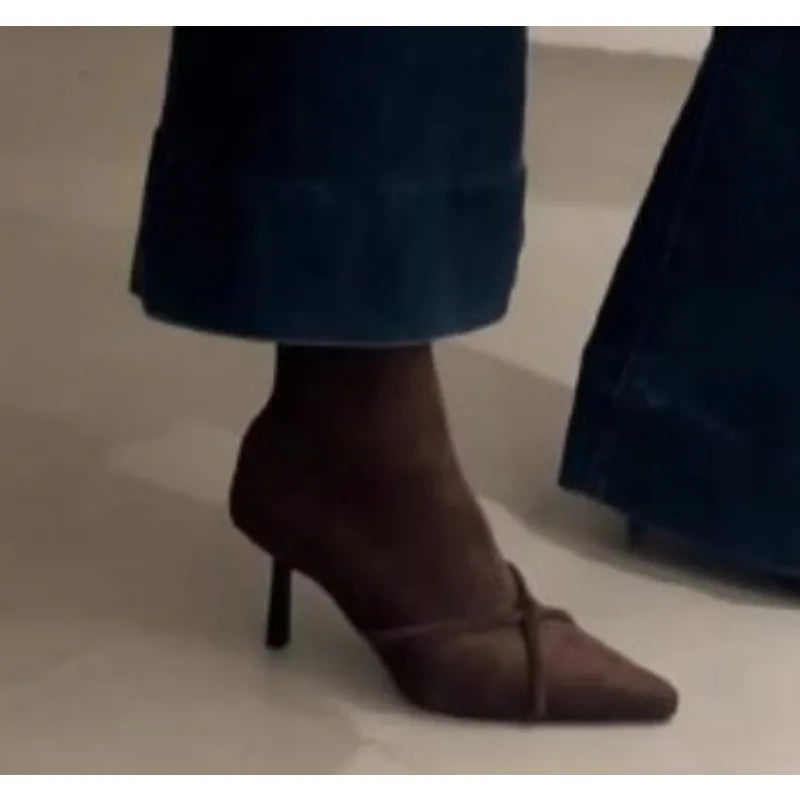 Vintage Women Ankle Boots Fashion Pointed Toe Thin High Heels Shoes Party Prom Elastic Slim Botas Para Mujer 2025 New