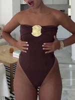 2026 Sexy Metal Buckle Women Bandeau Swimwear One Piece Swimsuit Female Monokini Bather High Leg Cut Bathing Suit Swim Beachwear
