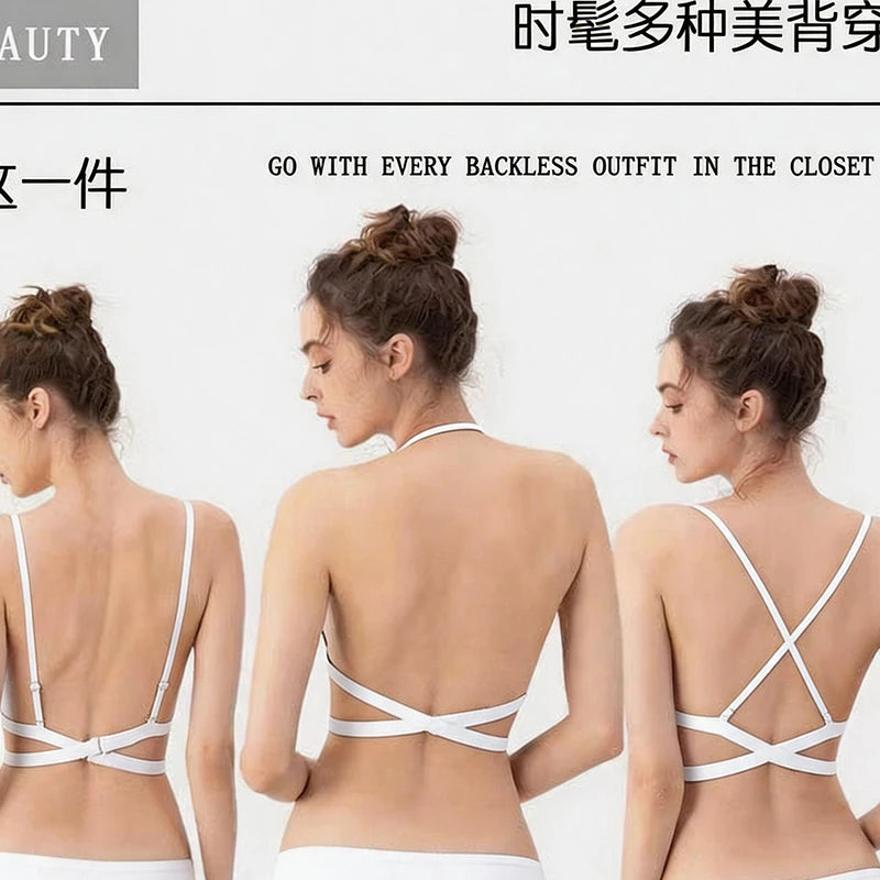 Wire-Free Seamless Bra, Halter Neck, Beautiful Back, Glossy Lingerie, Molded Cup, French Invisible Triangle Bra, Deep Backless Bra