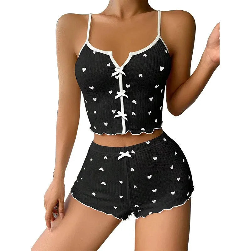 Cute Heart Print Pajama Set Women's Ribbed Cami Top & Shorts Bow Detail Sleepwear Loungewear Soft Comfortable Pj Set New Fashion