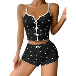 Cute Heart Print Pajama Set Women's Ribbed Cami Top & Shorts Bow Detail Sleepwear Loungewear Soft Comfortable Pj Set New Fashion