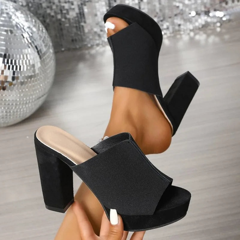 Summer New Women's Square Toe High-heeled Slippers Platform Black Fish Mouth Plus Size Party Shoes