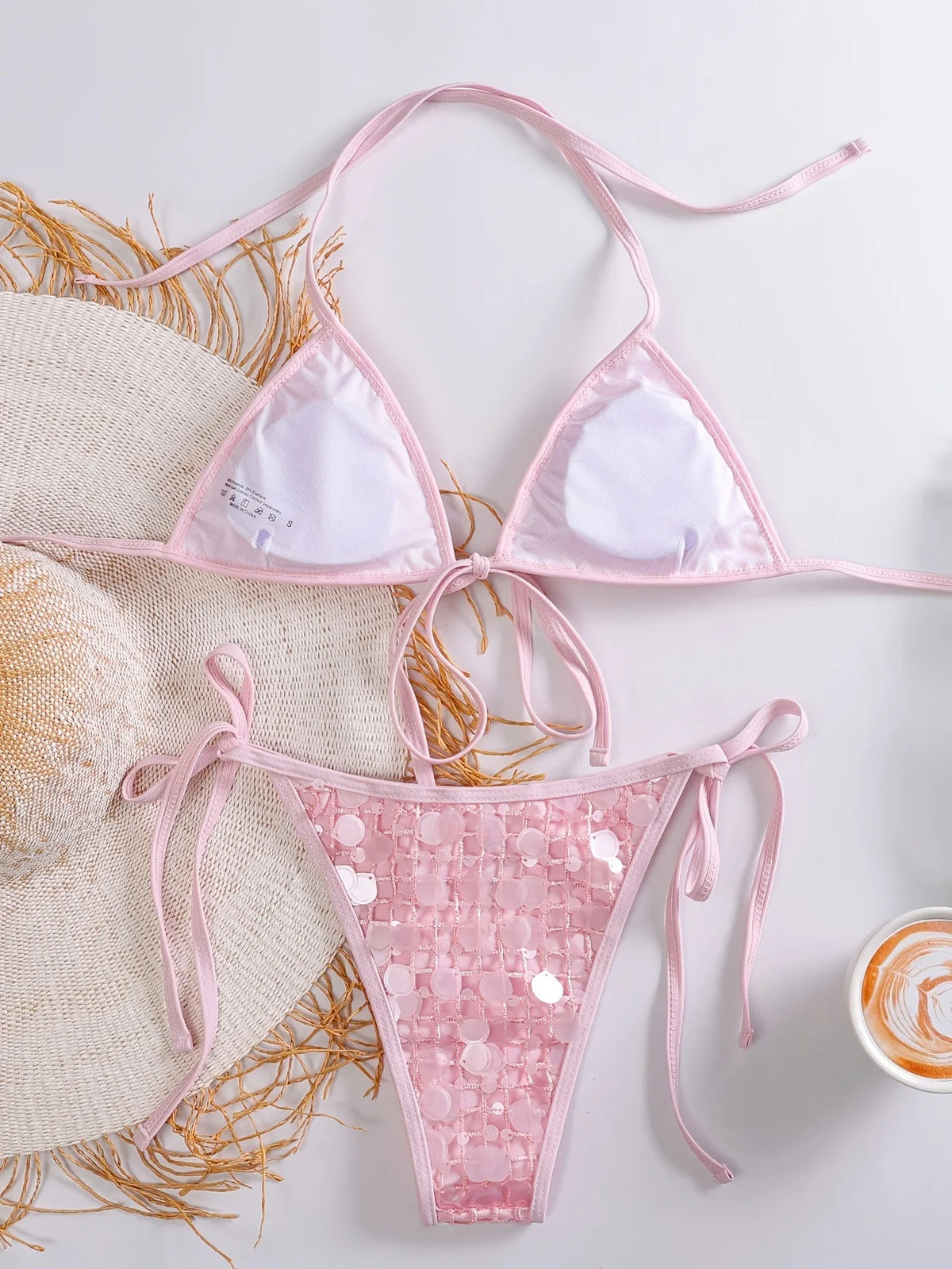 Sexy Sequin Pink Bikini Set 2026 Women Mesh Front Tie Push Up Bra Triangle Swimsuit Beach Bathing Suit Micro Swimwear Biquini