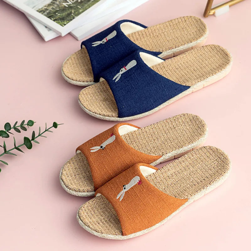 Breathable Cotton Flax Slippers For Women Men Indoor Shoes Anti-slip Light Weight Cute Cartoon Couples Home Floor Slides