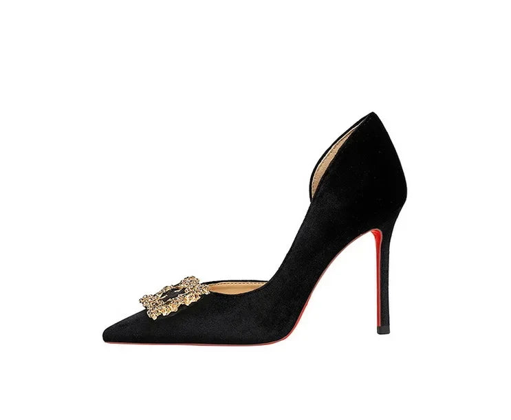 Women 10cm Super High Heels Pointed Toe Side Hollow Work Pumps Metal Crystal Buckle Velvet Stiletto Fashion Banquet Lady Shoes