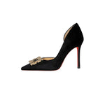Women 10cm Super High Heels Pointed Toe Side Hollow Work Pumps Metal Crystal Buckle Velvet Stiletto Fashion Banquet Lady Shoes