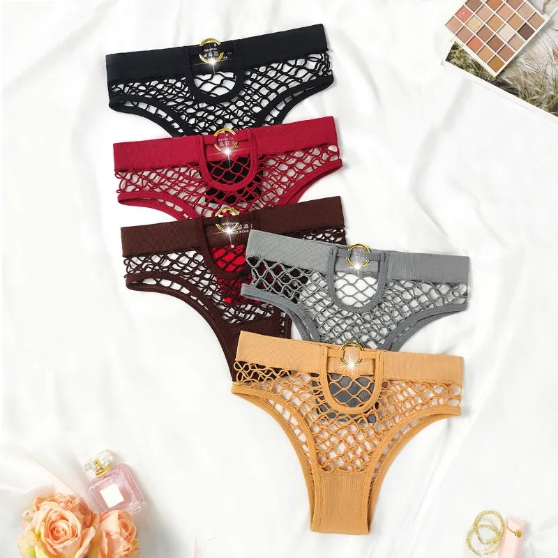 New Style Mesh Sexy Women's Panties Solid Color Mid High Waist Fishnet Lingerie Ladies Hollow Out Transparent Elasticity Briefs