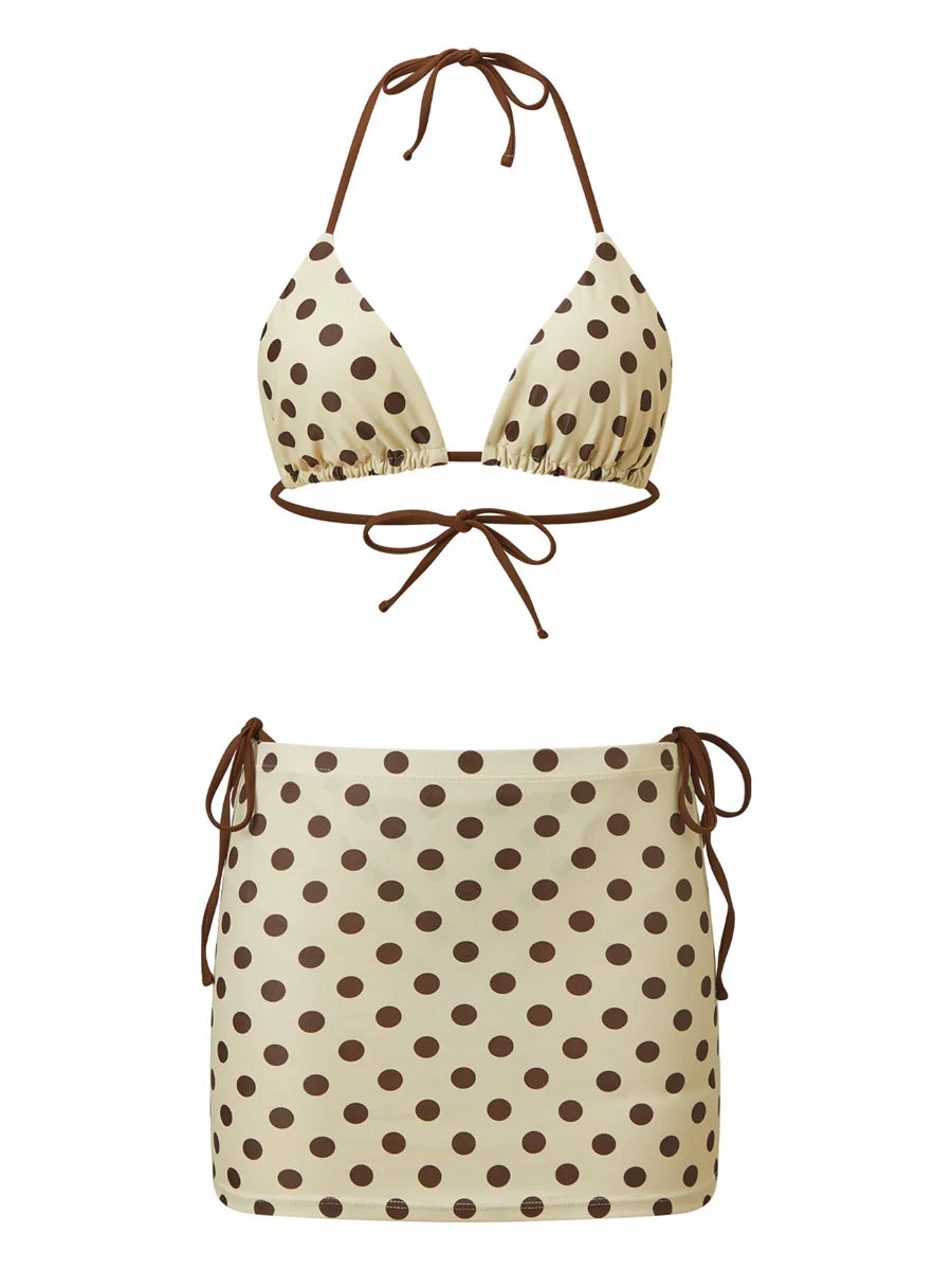 Women's Dots Print 3 Piece Swimsuits Halter Tie-ups Bikini Set with Cover Ups Skirt Summer Bathing Suits for Beach Pool