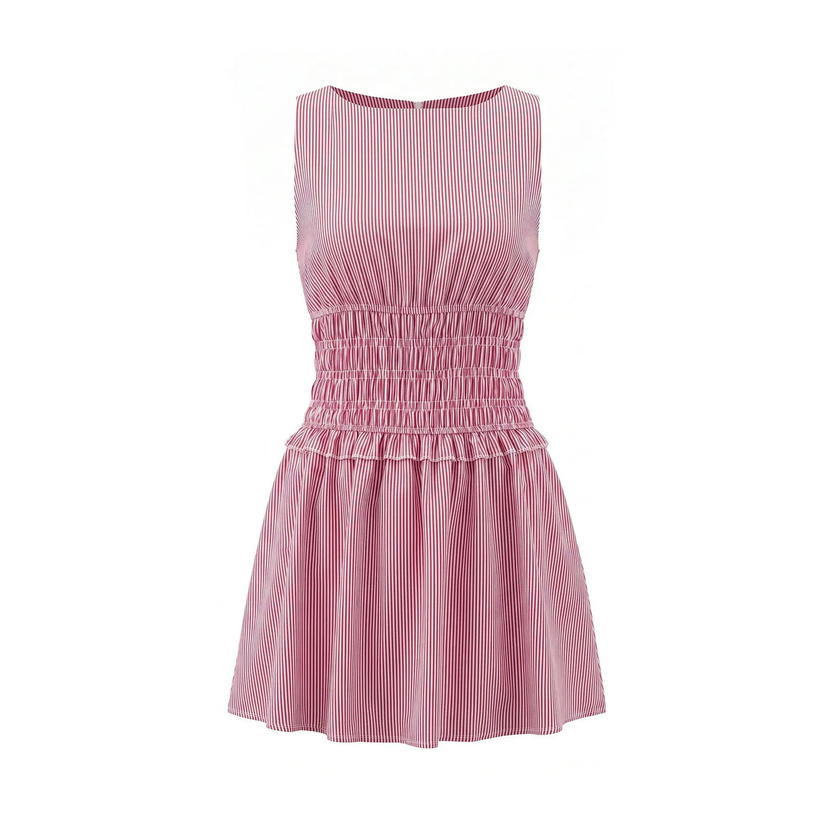 2026 Summer Women's Sleeveless Short Dress Stripe Print Boat Neck Waist-Cinching Slim Fit Dress Holiday Daily Casual Streetwear