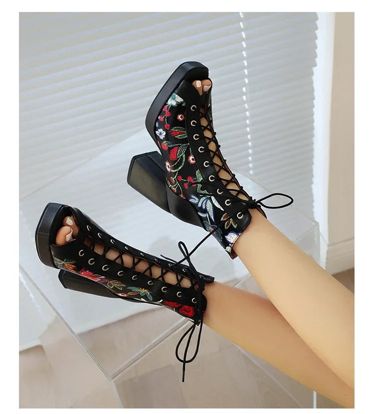 White Floral Embroidered Peep Toe Lace-Up Chunky Block Heel Platform Hollow Out Ankle Sandal Boots for Women