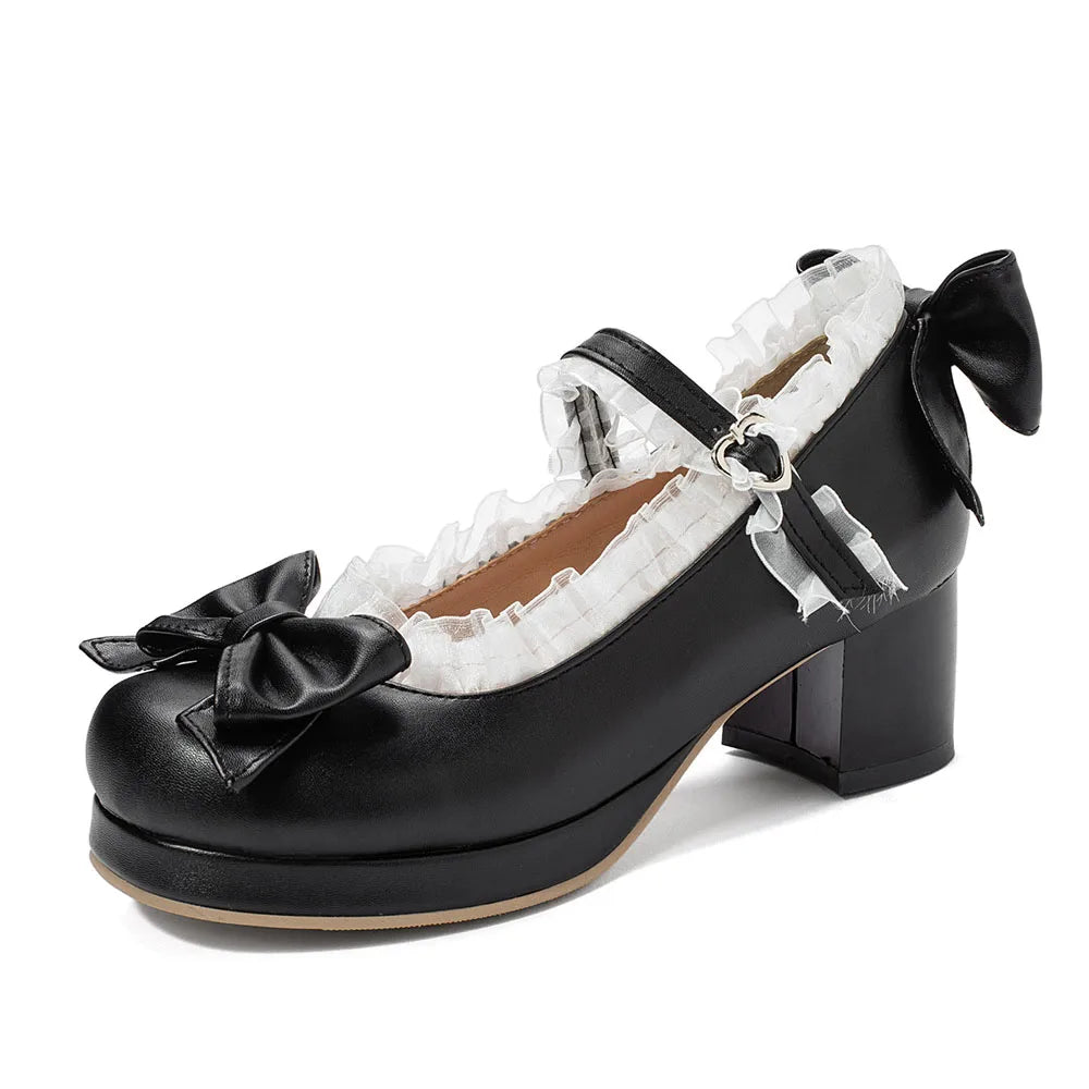 2025 Plus Size 30-48 Women's Candy Colors Mary Janes Pumps Bow Tie Ruffles Black Pink Platform Sweet Block Heels Lolita Shoes