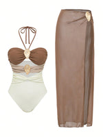 Vintage Brown Patachwork One Piece Swimsuit 2026 Women Sexy Hollow Out Backless Mesh Skirt Swimwear Set Summer Bathing Suits
