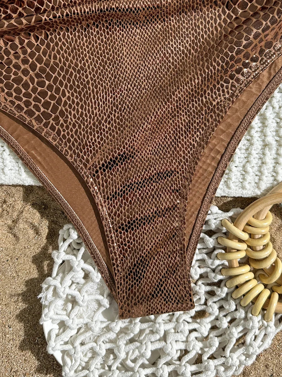 SnakeSkin Halter V Neck Backless One Piece Swimsuit Women Monokini Female Swimwear High Cut Bathing Suit Swim Bodysuit Beachwear