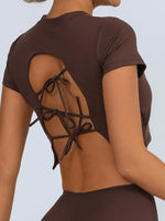 Yoga Short Sleeved T-shirt Women Hollow Back Bandage Tie Cross Sports Tank Top with Chest Gym Running Active Wear Fitness Shirts