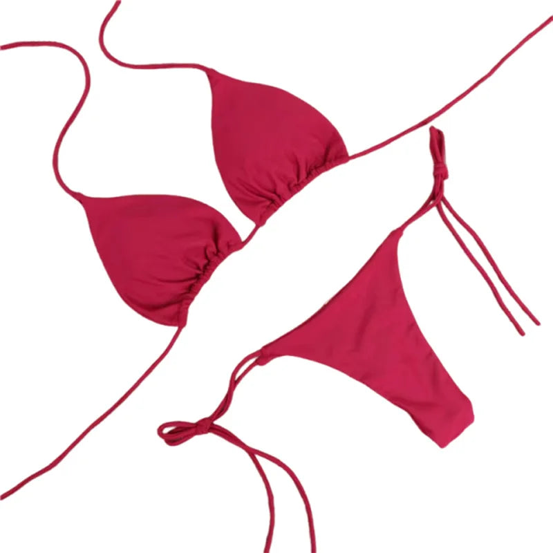 2025 Sexy Halter Solid Color Bikini Set Women's Swimsuit Two-Piece Triangle Thong Swimwear Bathing Suit for Beach Biquinis