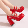 Plus Size Women Red Patent Leather Platform Mary Jane Shoes 3 Rhinestone Buckle Straps Chunky BlockY2K Lolita Party Pumps