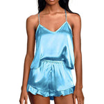 2 Piece Sets Women Nightwear Solid Color Sleeveless Camisole Tops + Ruffle Shorts Sets Summer Pajama Set Loungewear