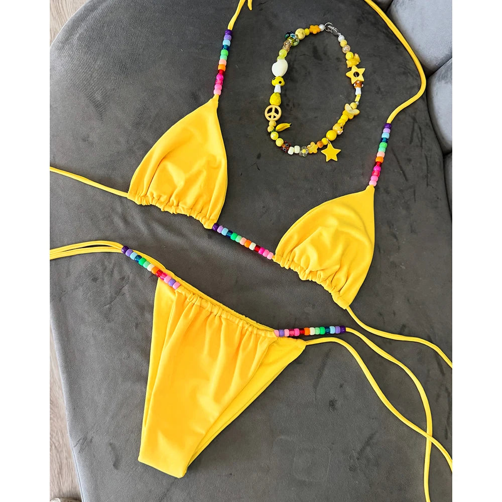 Micro Bikinis 2025 Push Up Women Swimsuits Sexy Swimwear Brazilian Bikini Set Solid Biquini Bead Swimsuit Summer Beachwear