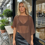 Women Loose Boat Neck Irregular Coverup Tops Casual See Through Shrug Solid Color Sheer Mesh Poncho