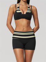 Breathable Striped Patchwork Yoga Clothing Women Fake Two-piece Sports Bra Folding High Waist Shorts Gym Running Fitness Suit