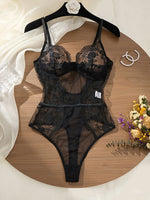 Women Floral Lace Bodysuit Black Sheer Mesh One Piece Lingerie Sexy V Neck Spaghetti Strap Teddy Bodysuit Boudoir Sleepwear