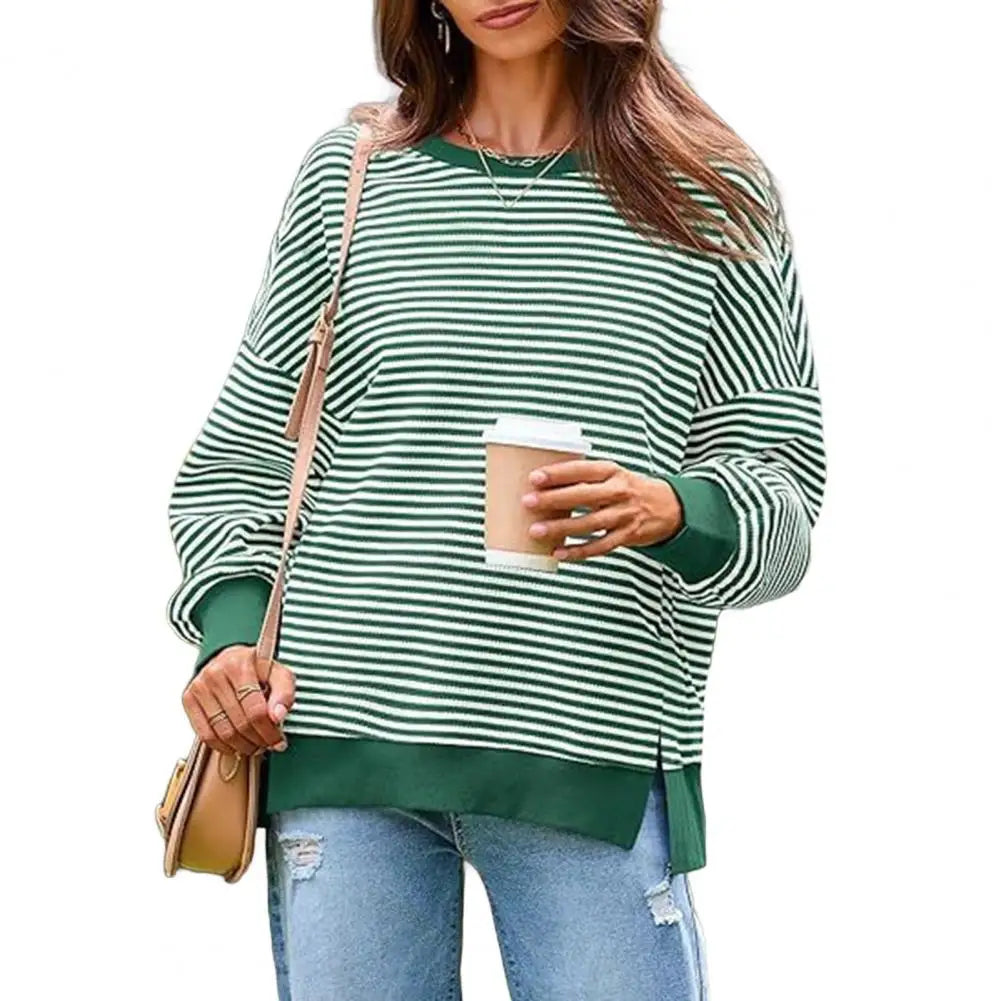 Long Sleeve Crewneck T-Shirt Split Hem Women Striped Oversized Sweatshirt Waffle Knitted Tunic Top Casual Women Sweater