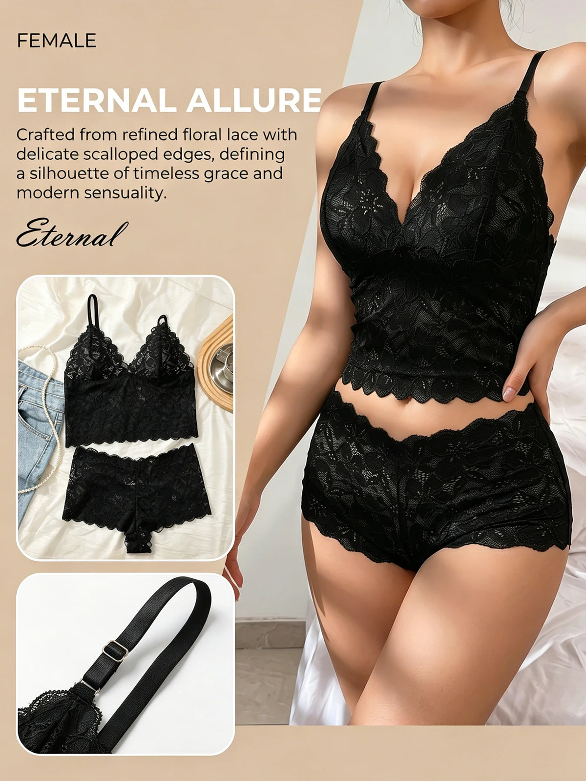 Wirefree Lace Bra Panty Set Soft Seamless Bralette Breathable Floral Lace Comfortable Everyday pajamas Set C2677