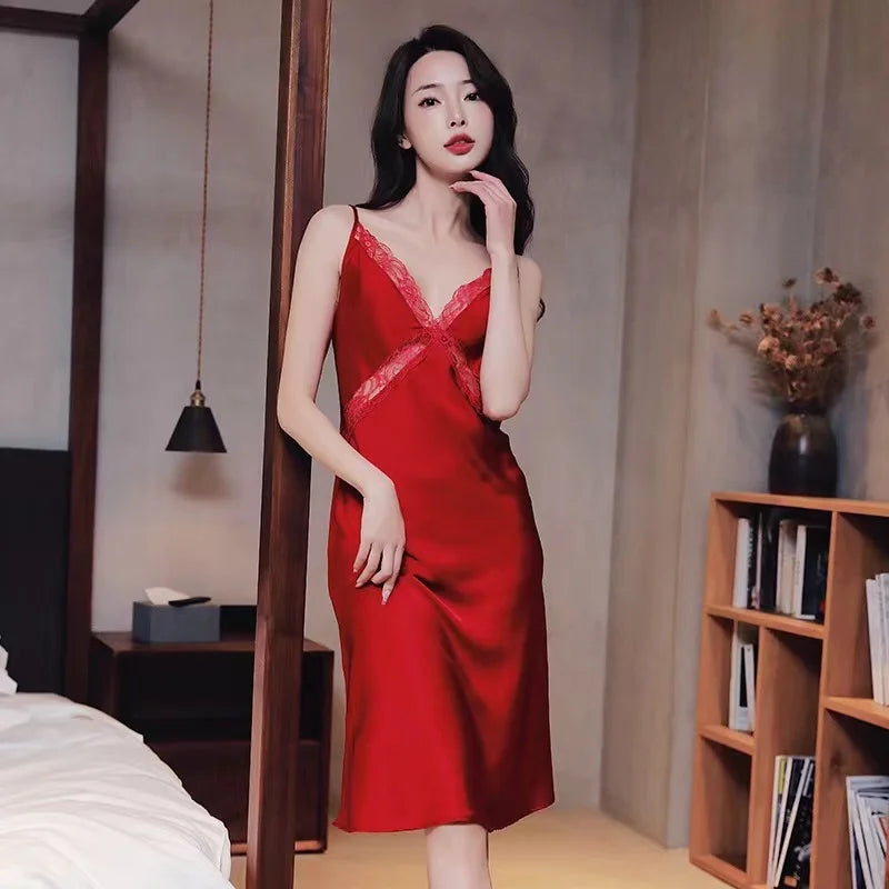 Sexy Silk Nightgowns Lace Satin Nightdress New Summer Women Home Strap Sleepwear Lingerie Long Sleeping Dress