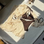 DEKA 4Pcs/Set Mesh Sheath Bikini Set Female Mini Camis Briefs Short Skirt Swimwear Fashion Drawstring Long Sleeve Boho Swimsuit