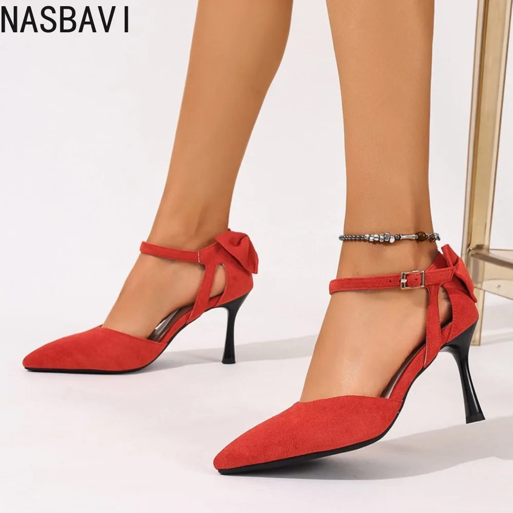 Flock Suede Female Sandals for Women Pointed Toe Stiletto Heel Buckle Strap Butterfly Knot OL Single Shoes Big Size 34-45 Sexy