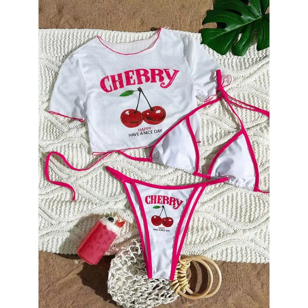 2026 Sexy 3 Piece Women Swimsuit Short-sleeve Cover-up Swimwear Summer Print Bikini Set Brazilian Beachwear Party Bathing Suit