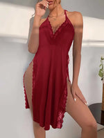 Sexy Leopard Print Backless Nightgown with Lace Trim, Deep V Halter Lingerie Dress for Women, Side Slit Soft Nightwear Sexy Chic