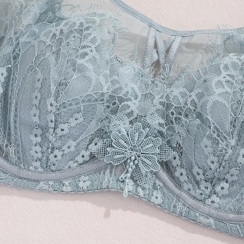 Women's Plus Size Thin Bra Sexy Lace Mesh Bra Cotton Thin Cup Wireless Push Up MinimizerBralette 70-90BCD CW9470