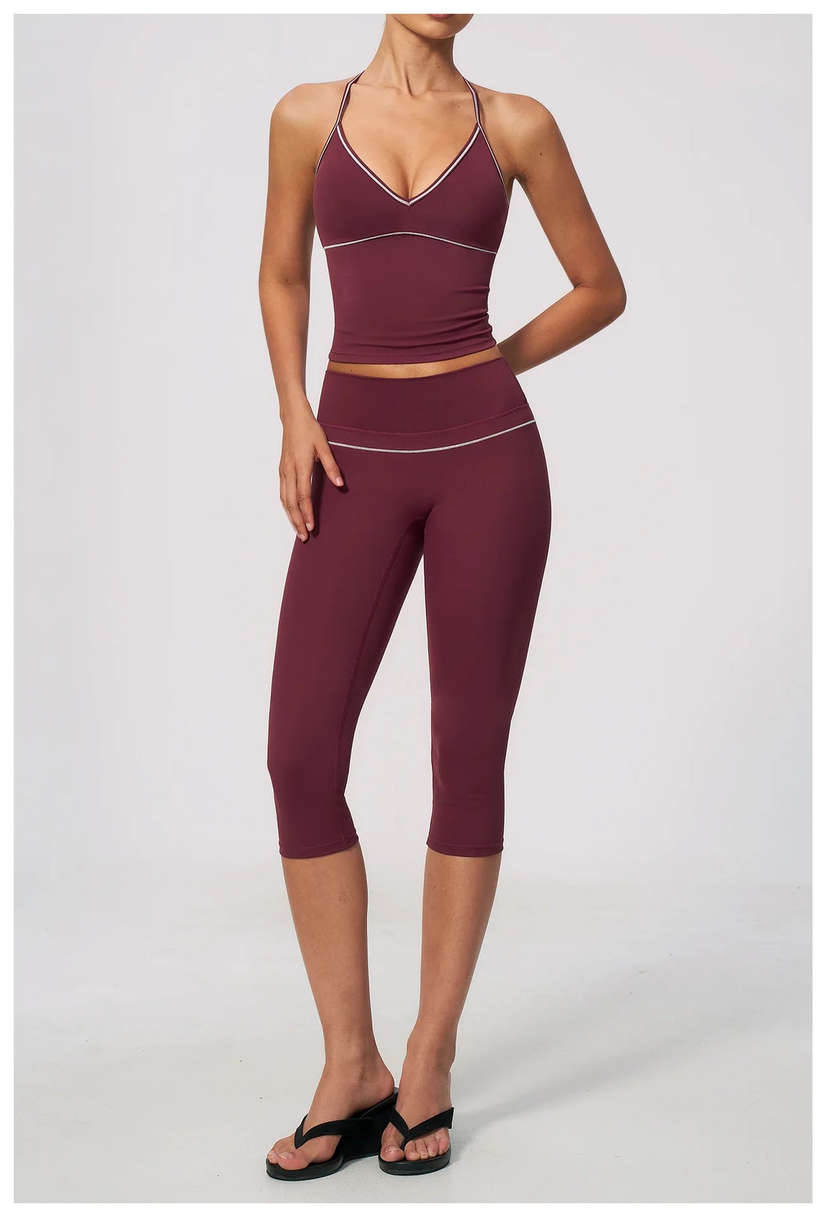Summer Color Blocking Yoga Suit Women Tracksuit Hanging Neck V Neck Slim Sports Vest Tight Hip Lifting Capri Pants Fitness Sets