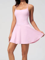 Women Tennis Dress with Shorts Pocket Square Neck Hollow Back Sleeveless One Piece Sports Outfit Fitness Pleate Mini Dresses
