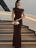 FDYOUI Woman Clothes Diagonal Collar Ruched Brown Long Dresses 2026 Summer Lady Chic One Shoulder Sleeveless Tunics Party Dress