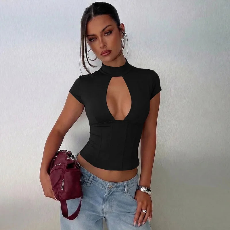 FDYOUI 2026 Summer Hollow Out Backless T-shirts Women's Sexy Short Sleeve Leopard Print Tee Shirt Lady Slim Crop Tops Streetwear