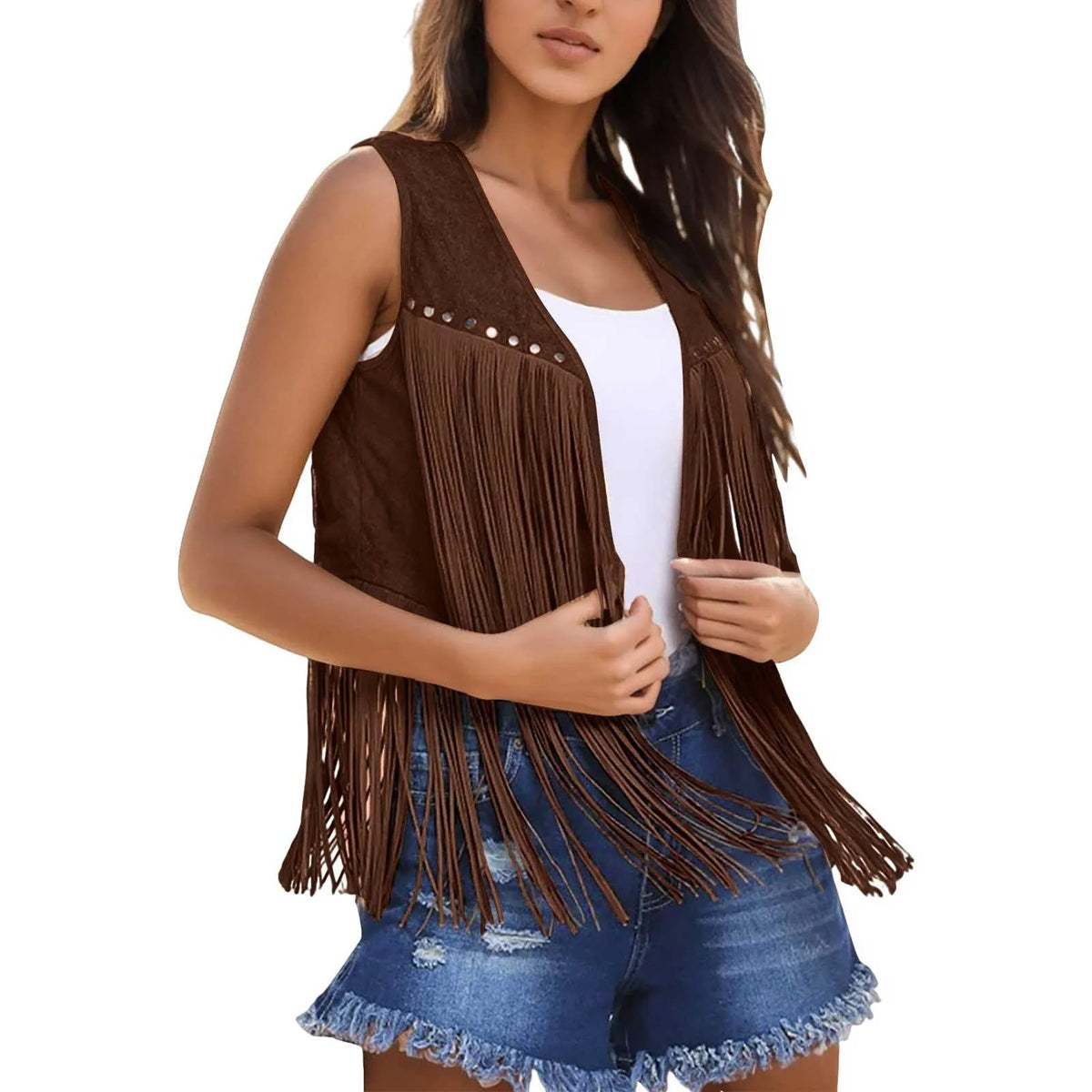 Women Tassel Fringe Vest Sleeveless Solid Waistcoat V Neck Open Front Cardigan Vintage Hippie Clothes Cowboy Cosplay Jacket