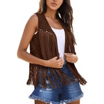 Women Tassel Fringe Vest Sleeveless Solid Waistcoat V Neck Open Front Cardigan Vintage Hippie Clothes Cowboy Cosplay Jacket