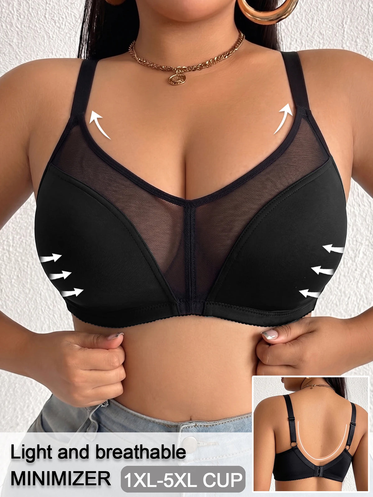 Full Cup Plus Size Women Bra Wireless Thin Side Support Gathering Brassiere Comfort Breathable Mesh Minimizer Bra