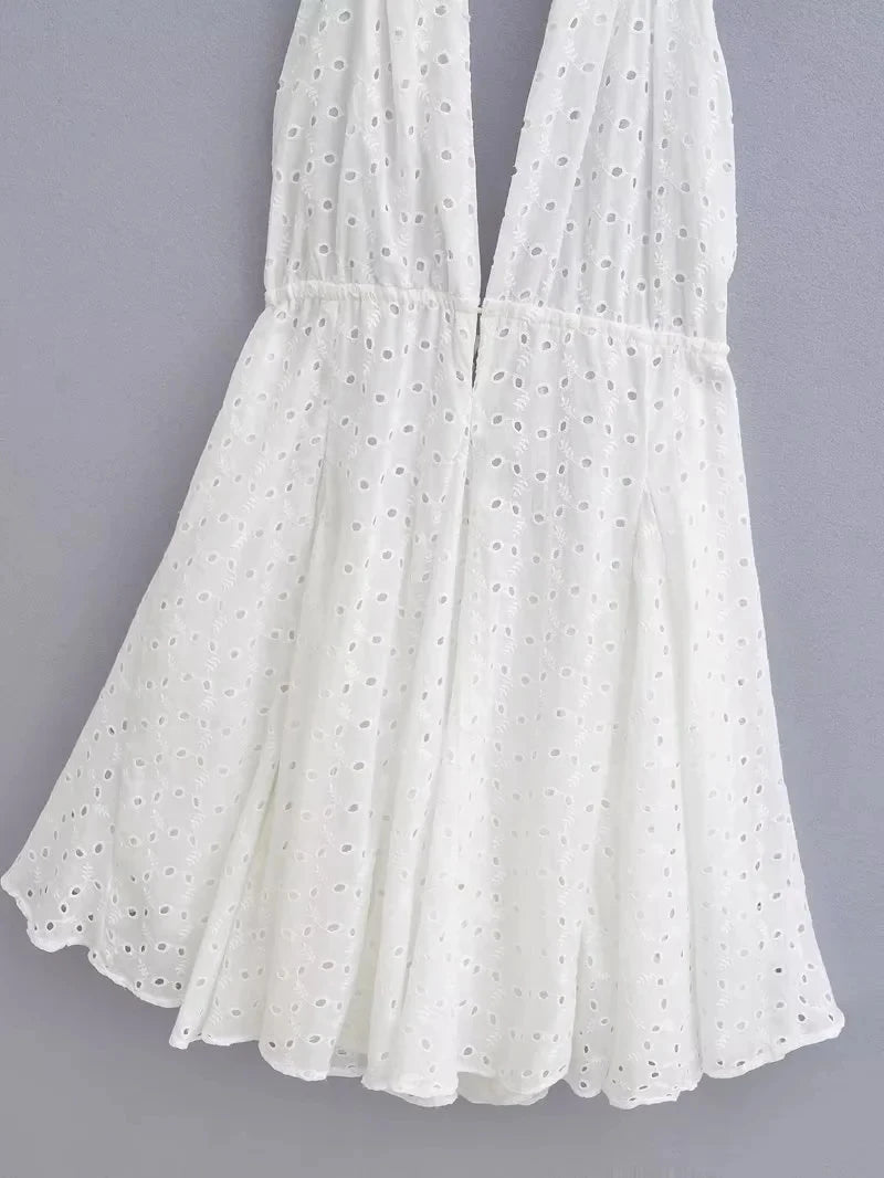Foridol White Beach Summer Dress Women Backless Cotton Lace Short Autumn Sundress Women Clothing Halter A-line Pleated Dress