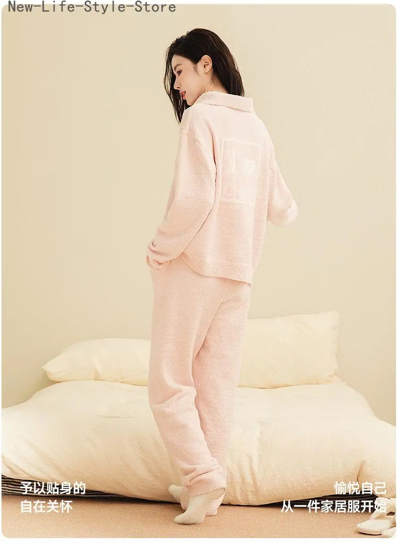 Women Winter Half Fleece Pajama Set Thick Warm Long Sleeve Long Pants Cozy Soft Casual Homewear Loungewear Sleepwear Suit