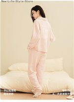 Women Winter Half Fleece Pajama Set Thick Warm Long Sleeve Long Pants Cozy Soft Casual Homewear Loungewear Sleepwear Suit