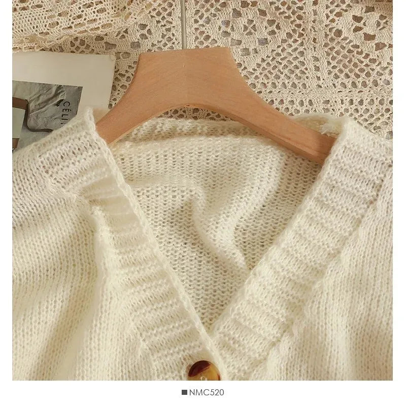 New Autumn Colourful Applique Flower Cardigan for Women Cute LongV-neck Knit Crop Sweater Girl Soft Knitwear